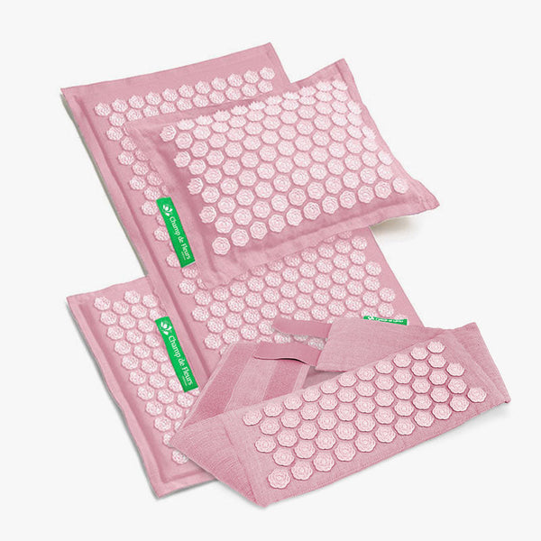 Set Champ de Fleurs Deluxe rose pour acupression douce : tapis, mini-tapis, coussin et ceinture en lin rose naturel

